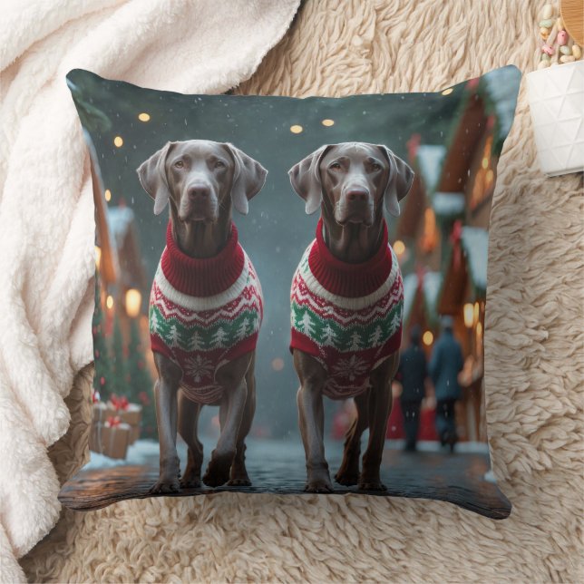 Coussin Chiens Weimaraner Noël Neige Fêtes (Couverture)
