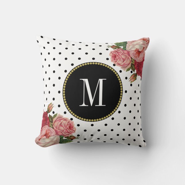 Coussin Chiffres noirs blancs Vintages Monogramme floral (Recto)