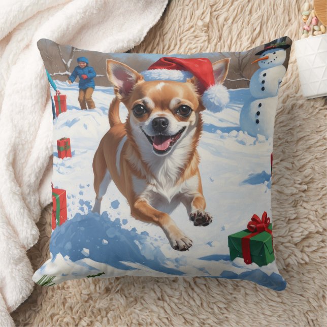 Coussin Chihuahua coule en neige avec le Casquette de Noël (Couverture)