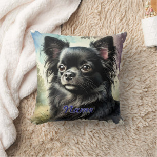 Coussin Chihuahua noir à poils longs en aquarelle