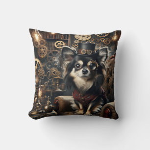 Coussin Chihuahua Steampunk noir et blanc aux cheveux long