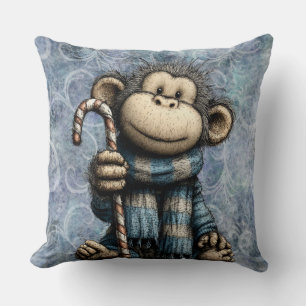 Coussin Chimpanzé mignon avec écharpe bleu Noël d'hiver