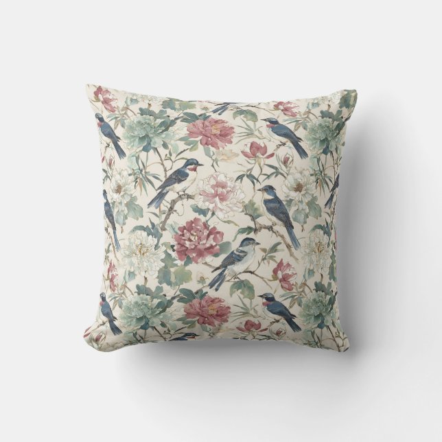 Coussin Chinoiserie Birds and Peony Floral Design (Recto)