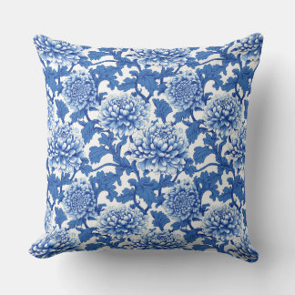 Coussin Chinoiserie bleu et blanc Peony Floral