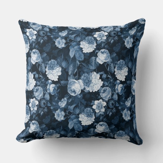 Coussin chinoiserie bleue antique Redouté rose motif (Recto)