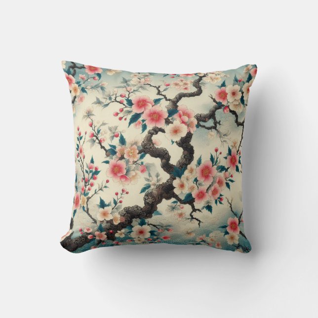 Coussin Chinoiserie Cherry Blossom Sakura Motif (Recto)