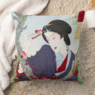 Coussin Chinoiserie Dame japonaise et fleur de cerisier ro