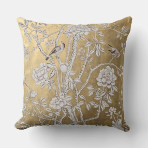 Coussin Chinoiserie d'or avec les oiseaux et la pivoine fl