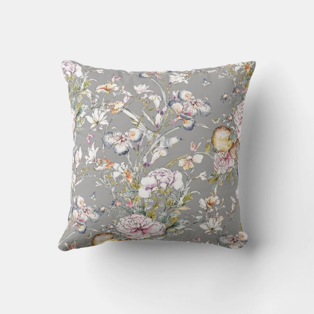 Coussin Chinoiserie fleurit sur Grey Arrière - plan (Verso)