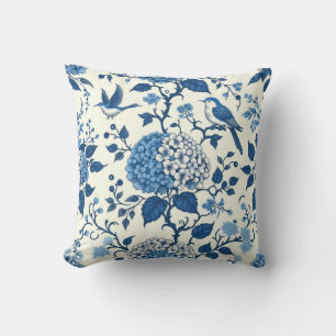 Coussin Chinoiserie Fleurs et oiseaux bleus et blancs