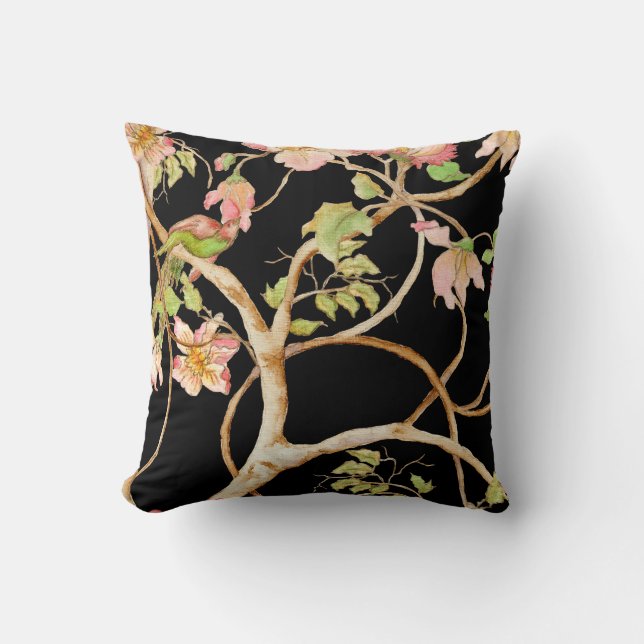 Coussin Chinoiserie moderne Floral Blush Black Bird Tree (Recto)