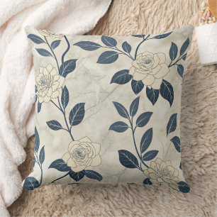 Coussin Chinoiserie Moderne Rose Ivoire Navy Botanique