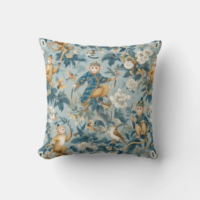 Coussin Chinoiserie Monkey Blue (Recto)