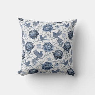 Coussin Chinoiserie motif floral bleu oiseaux et pagode