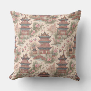 Coussin Chinoiserie Pagode Rose Aquarelle