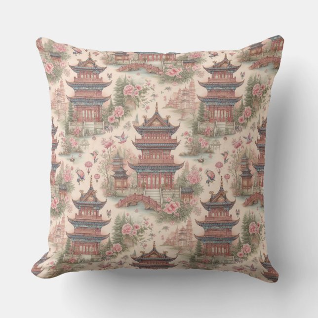 Coussin Chinoiserie Pagode Rose Aquarelle (Recto)