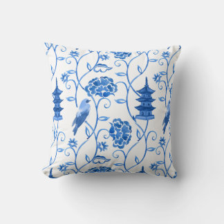 Coussin Chinoiserie Pattern Blue Watercolor Floral Pagoda