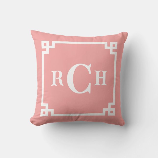 Coussin Chinoiserie Reverse fraise Monogramme clé grecque (Recto)