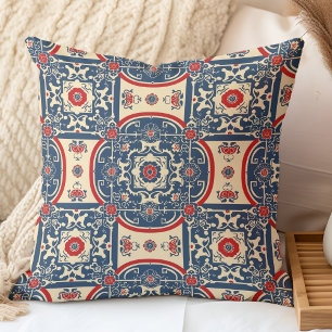 Coussin Chinoiserie rouge et bleu Motif en carreaux chinoi