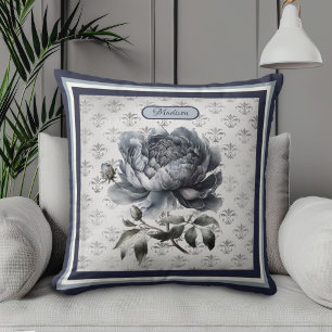 Coussin Chinoiserie toile de Jouy florale bleue vintage mo