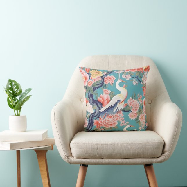 Coussin Chinoiserie Turquoise Floral Egret (Chaise)