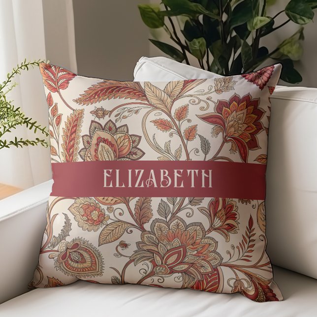 Coussin Chintz Floral Victorien Monogramme Nom Beige Rouil (Créateur téléchargé)