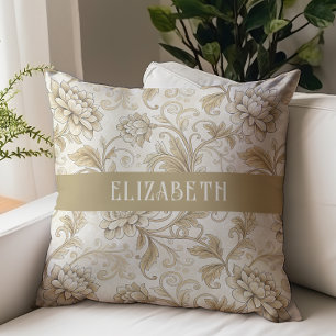 Coussin Chintz Floral Victorien Monogramme Nom Ivoire Or