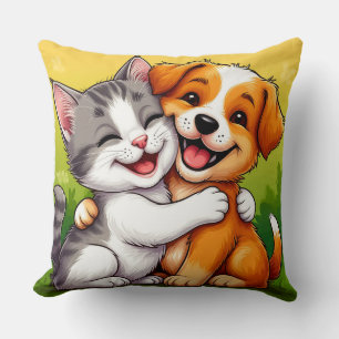 Coussin Chiot adorable et chaton qui s'étreignent avec des