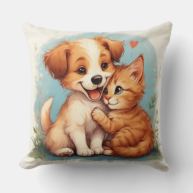 Coussin Chiot adorable et chaton s'étreignant (Recto)