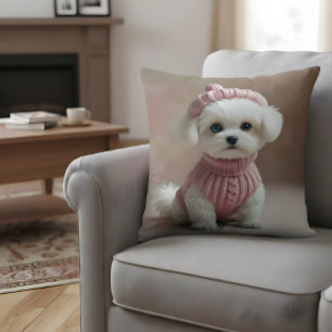 Coussin Chiot blanc mignon en Doux et Casquette rose