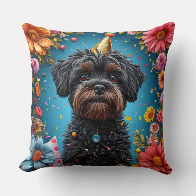 Coussin Chiot Chapeau Anniversaire Adorable (Recto)