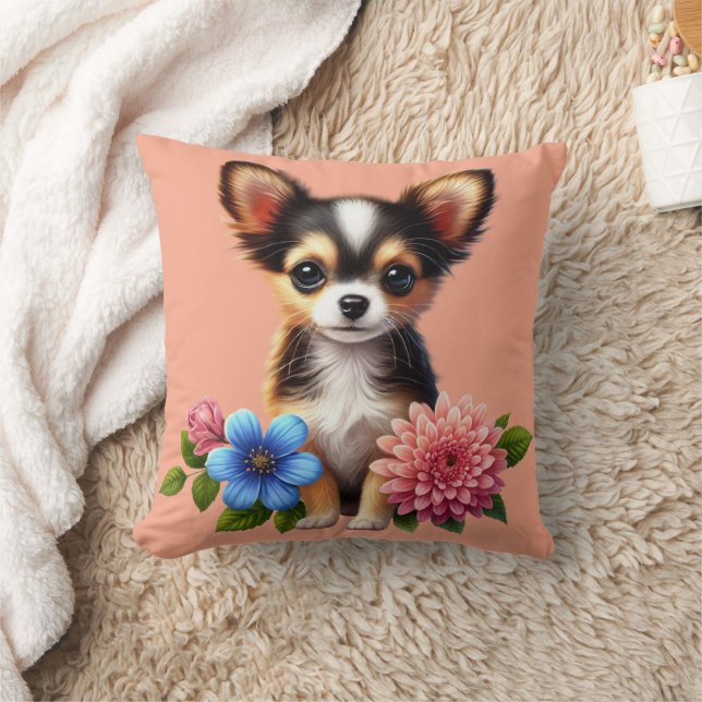 Coussin Chiot Chihuahua avec Fleurs Décoratives (Couverture)