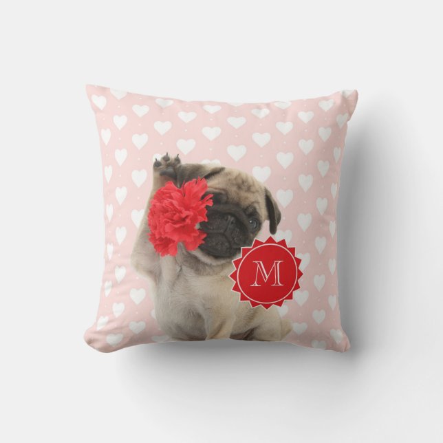 Coussin Chiot de carlin tenant le monogramme rouge (Recto)
