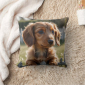Coussin Chiot de Dachshund attendant à la clôture (Couverture)