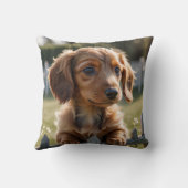 Coussin Chiot de Dachshund attendant à la clôture (Verso)