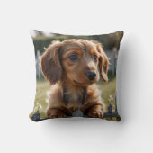 Coussin Chiot de Dachshund attendant à la clôture (Recto)