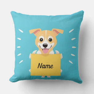 Coussin Chiot de dessin animé adorable tenant un panneau v