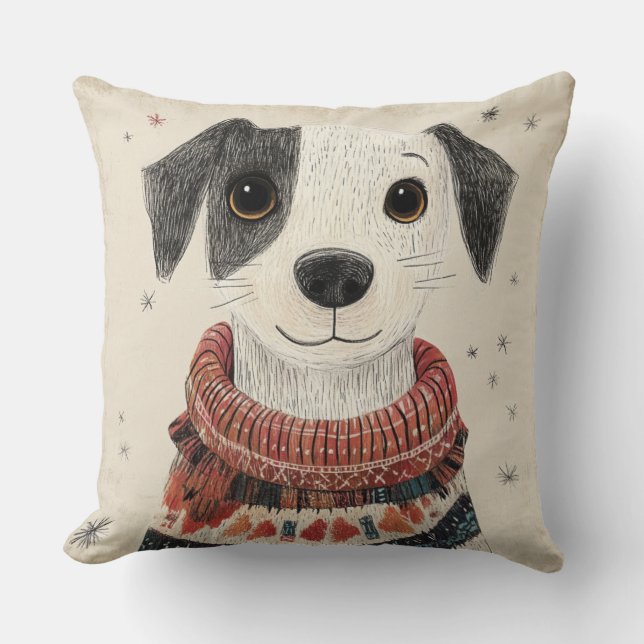 Coussin Chiot en pull noir et blanc avec neige (Recto)