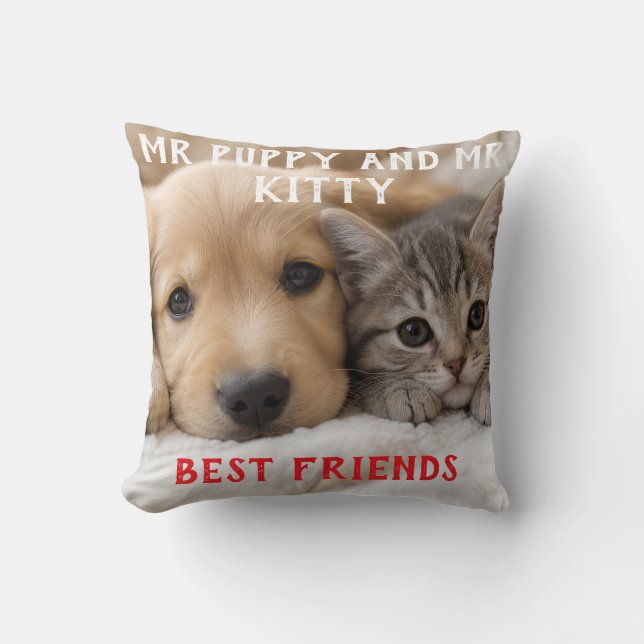 Coussin Chiot endormi et chaton câlin mignons (Recto)