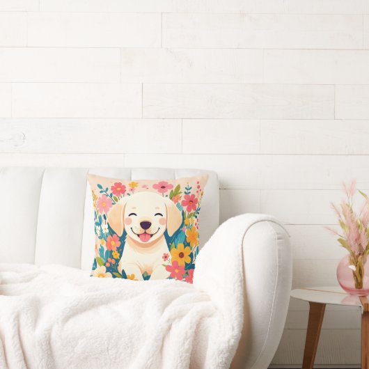 Coussin chiot labrador jaune au milieu des fleurs (Canapé)