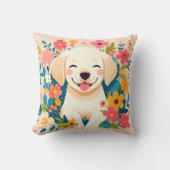 Coussin chiot labrador jaune au milieu des fleurs (Recto)