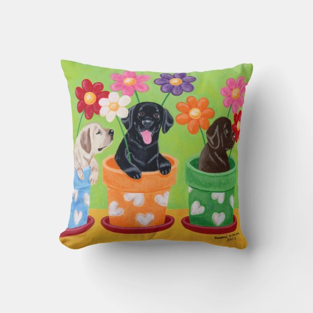 Coussin Chiots de Labrador de pot de fleur (Recto)