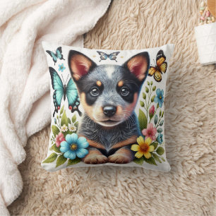 Coussin Chiots Heeler avec papillons et fleurs