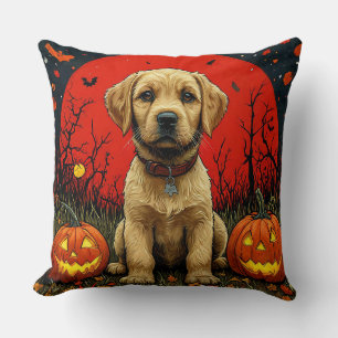 Coussin Chiots Retriever Doré Avec Des Citrouilles D'Hallo