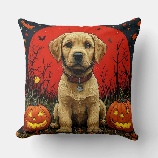 Coussin Chiots Retriever Doré Avec Des Citrouilles D'Hallo (Recto)