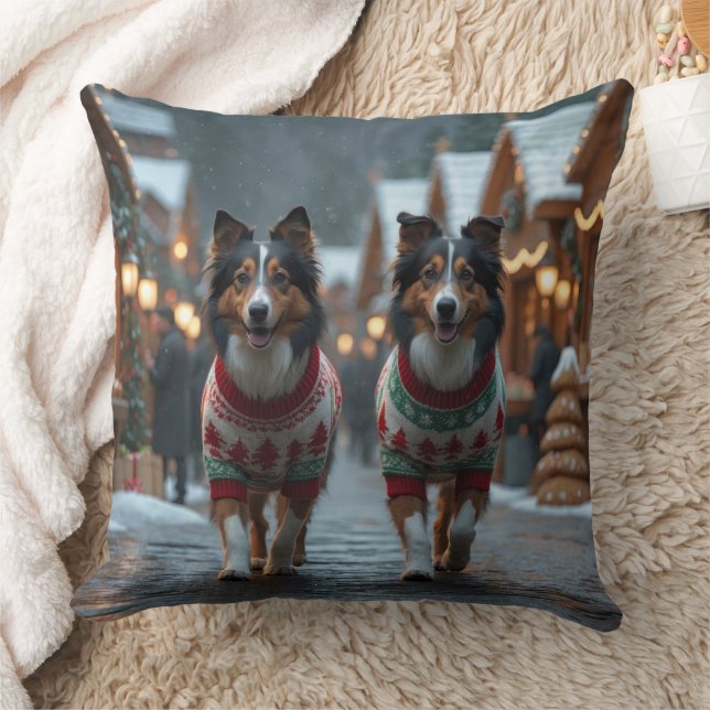Coussin Chiots Rough Collie Noël Neige Fêtes (Couverture)