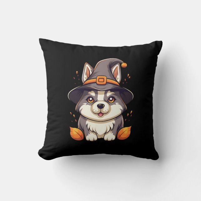 Coussin Chou Husky dans l'Halloween Casquette d'une sorciè (Recto)