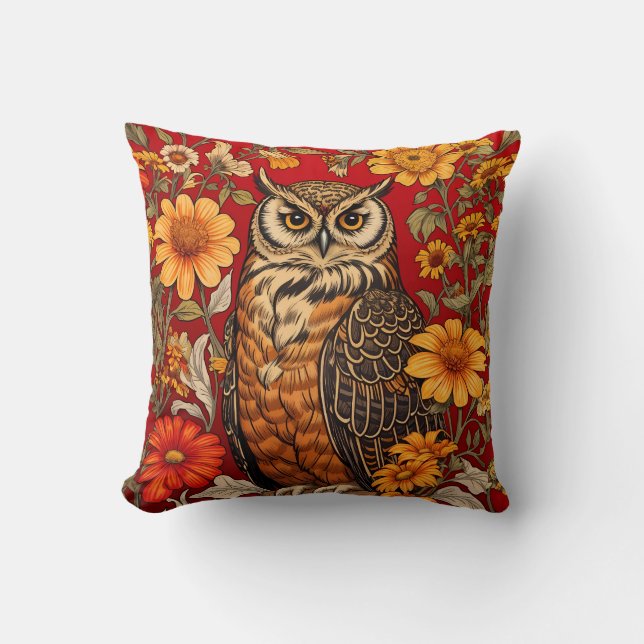 Coussin Chouette À Rayures Et Fleurs De Zinnia (Recto)