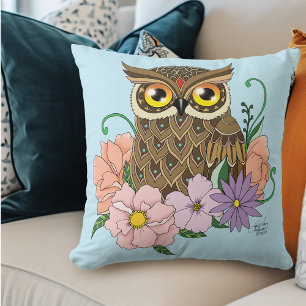 Coussin Chouette aux fleurs pastel de printemps