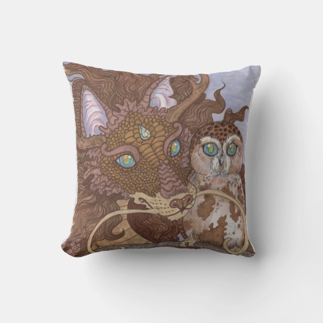 Coussin Chouette aux yeux clairs et dragon (Recto)